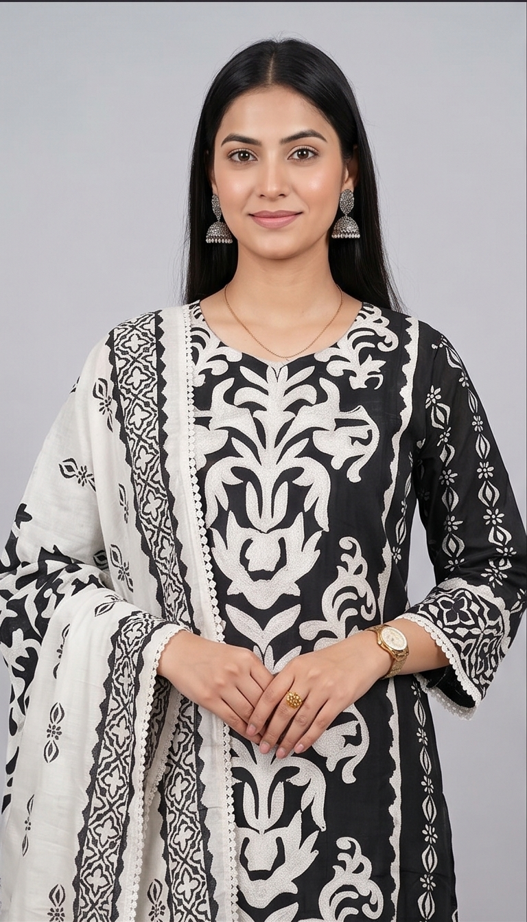Women's Silk Blend Special Threadwork Kurta Pant Dupatta Set | 3-Piece Suit Set (Black & Beige)