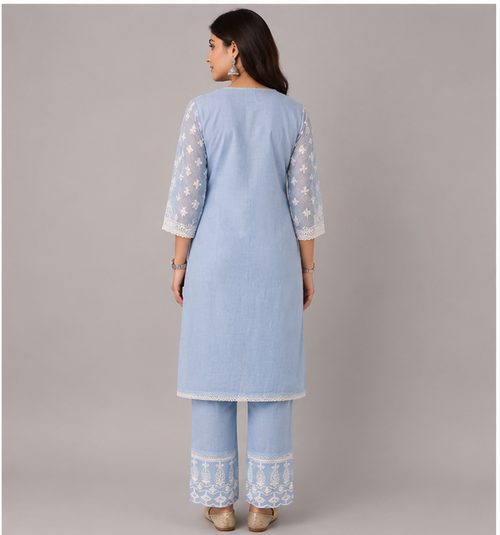 Women's Threadwork Kurta and Trouser Set (Pastel Blue)