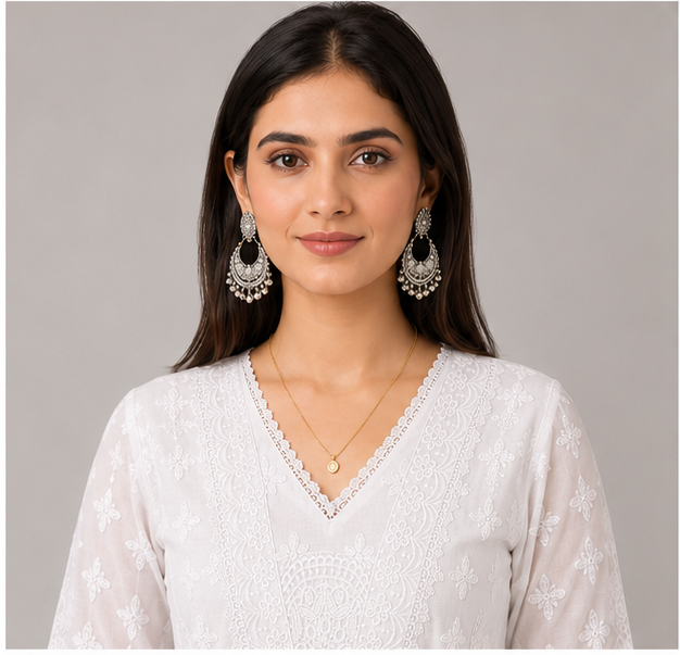 Women's Threadwork Kurta and Trouser Set (White)