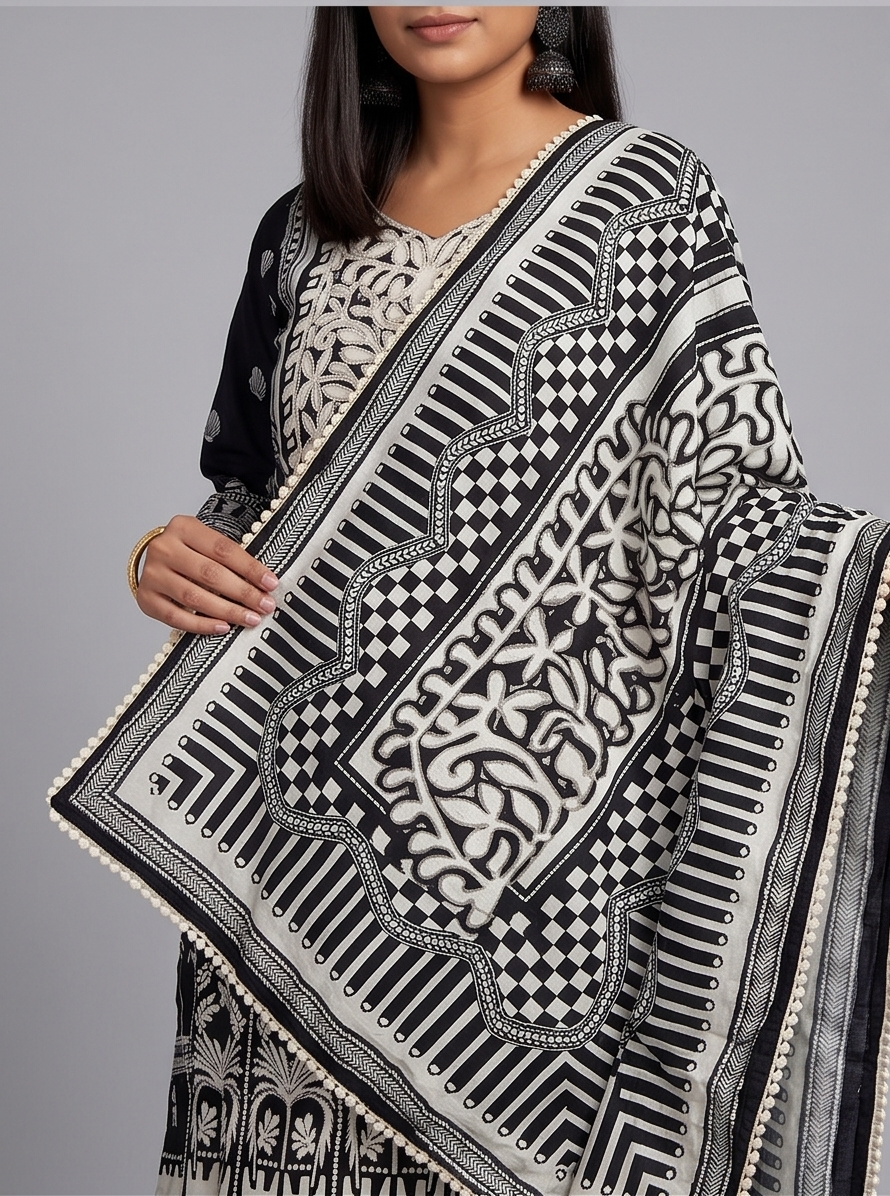 Women's Silk Blend Special Pearl-Work Kurta Pant Dupatta Set | 3-Piece Suit Set (Black & White) (Copy) (Copy)