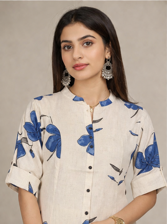 Women Floral Print Kurta with Pockets and Palazzo , 2 Piece Set (Beige and Blue)