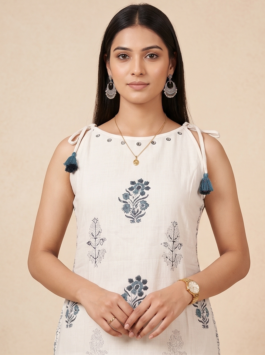Strap Shoulder Kurta with Palazzo and Dupatta, 3-Piece Set (Off White)