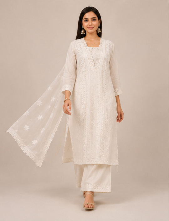 Ivory Floral Embroidered Cotton Kurta Set with Lace Dupatta & Palazzo