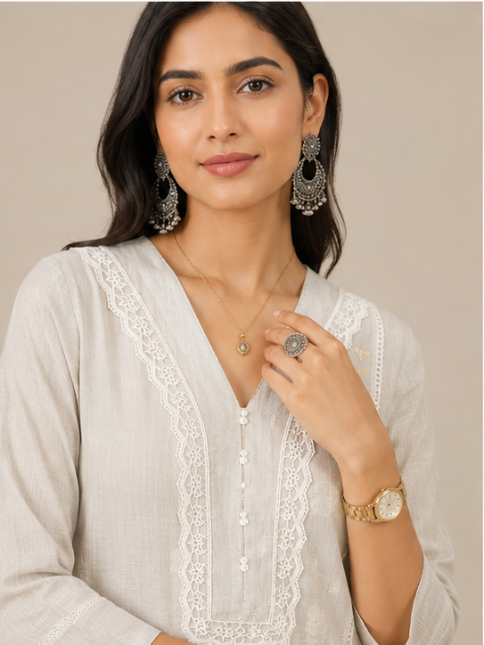 The Classic Ivory V-Neck Kurta and Palazzo Set