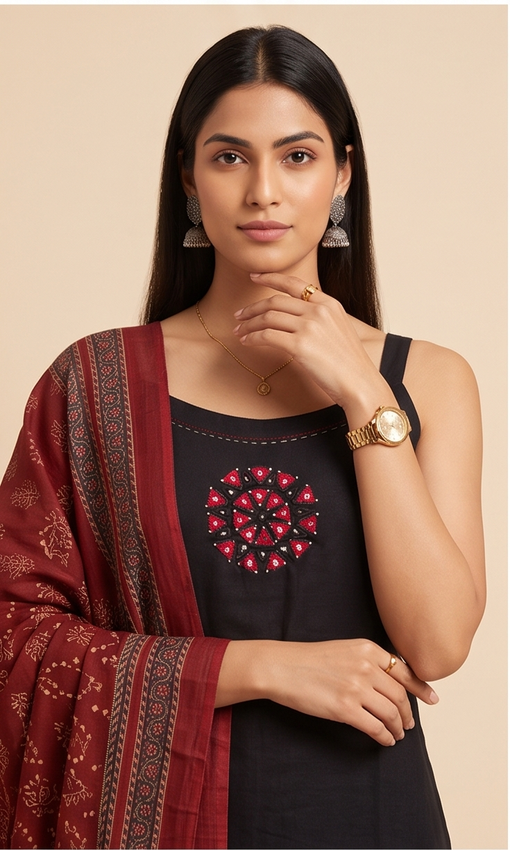 Women's Strap Shoulder Kurta with Palazzo and Dupatta, 3 Piece Set (Black)