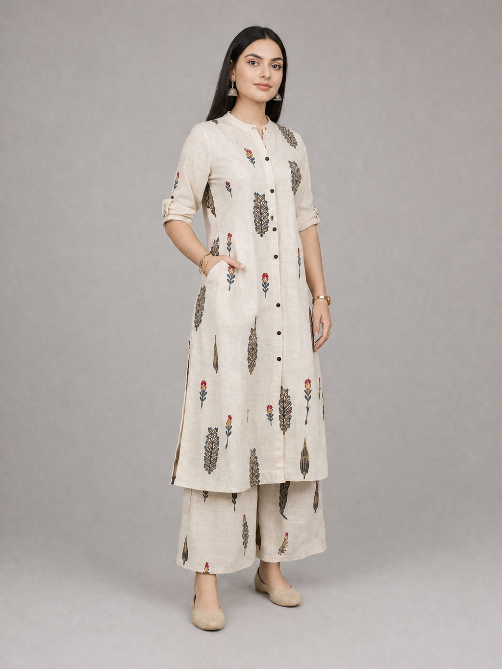 Women Floral Print Kurta with Pockets and Palazzo , 2 Piece Set (Beige and Orange)