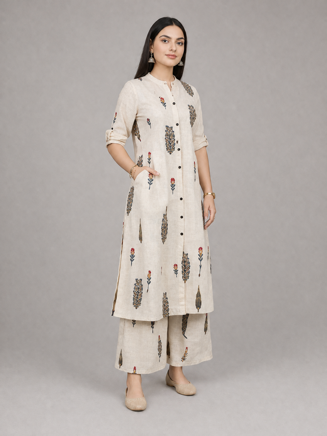 Women Floral Print Kurta with Pockets and Palazzo , 2 Piece Set (Beige and Orange)