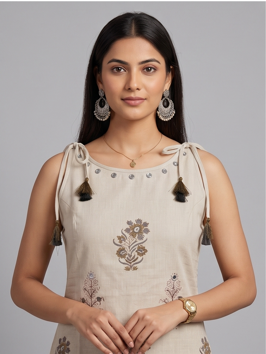 Strap Shoulder Kurta with Palazzo and Dupatta, 3-Piece Set (Beige)