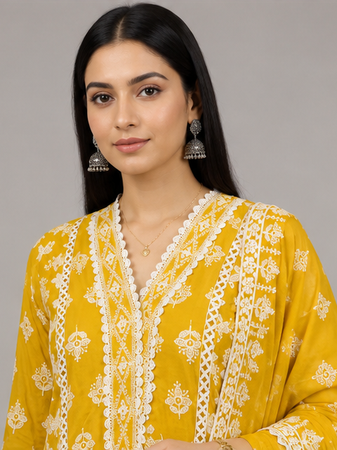 Mustard  Yellow Threadwork Anarkali Suit Set with Dupatta | Embroidered Mul Cotton Ethnic Wear (Copy)