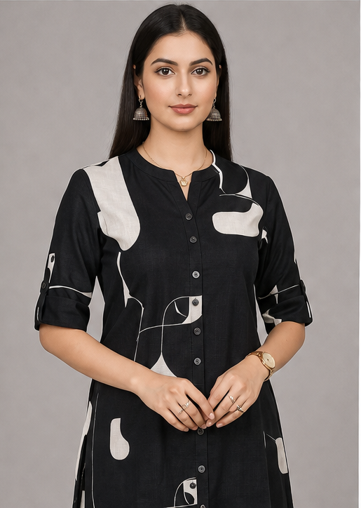 Women Abstract Print Kurta with Pockets and Palazzo , 2 Piece Set (Black and Silver)