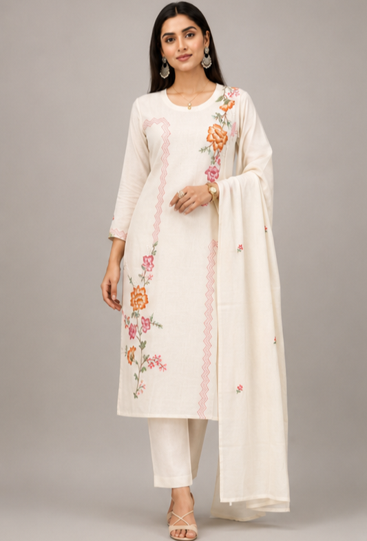 Ivory Blossom Embroidered Kurta Set with Matching Dupatta