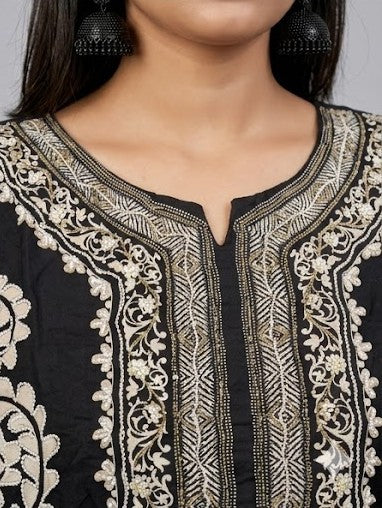 Women's Silk Blend Special NecklineKurta Pant Dupatta Set | 3-Piece Suit Set (Black & Beige) (Copy)