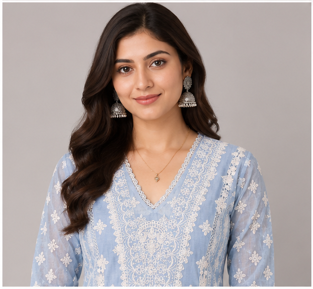 Women's Threadwork Kurta and Trouser Set (Pastel Blue)