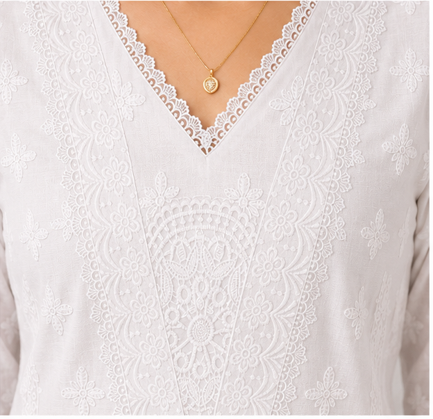 Women's Threadwork Kurta and Trouser Set (White)