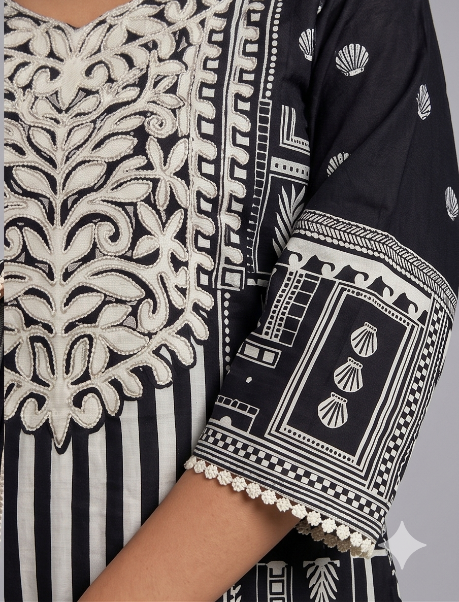 Women's Silk Blend Special Pearl-Work Kurta Pant Dupatta Set | 3-Piece Suit Set (Black & White) (Copy) (Copy)