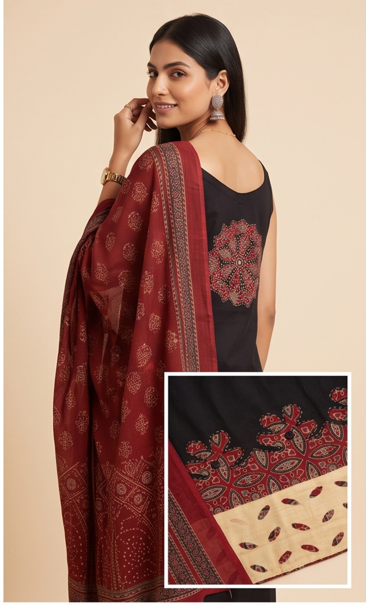 Women's Strap Shoulder Kurta with Palazzo and Dupatta, 3 Piece Set (Black)