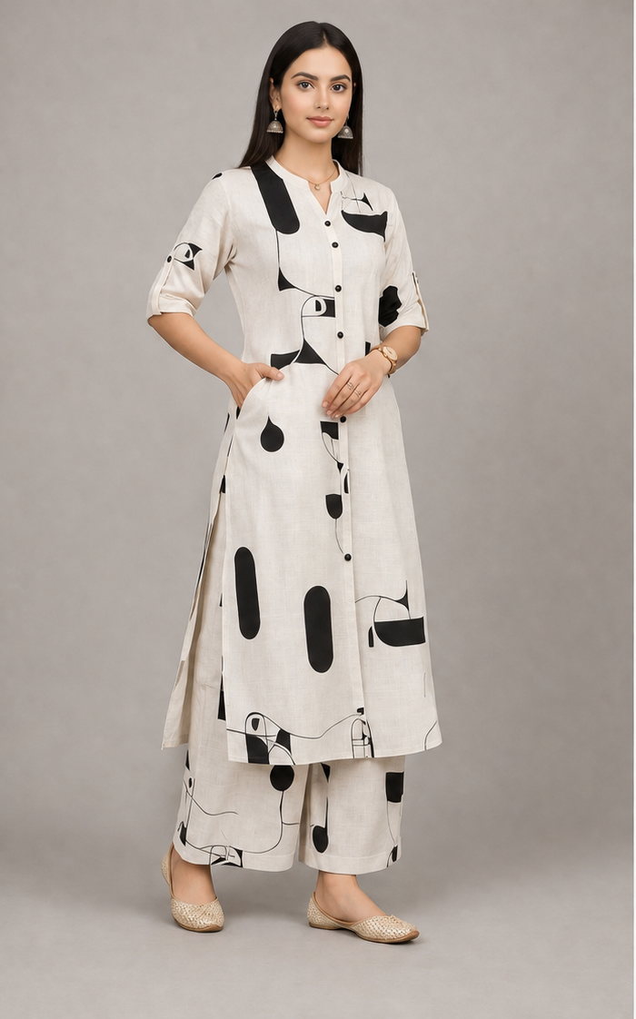 Women Abstract Print Kurta with Pockets and Palazzo , 2 Piece Set (Beige and Black)