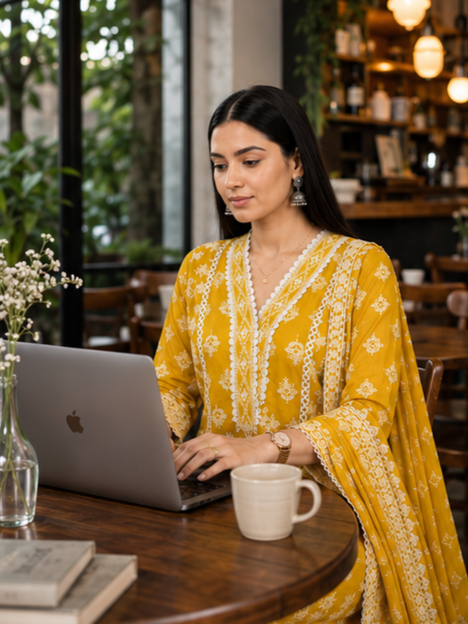 Mustard  Yellow Threadwork Anarkali Suit Set with Dupatta | Embroidered Mul Cotton Ethnic Wear (Copy)