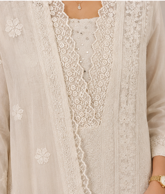 Ivory Floral Embroidered Cotton Kurta Set with Lace Dupatta & Palazzo