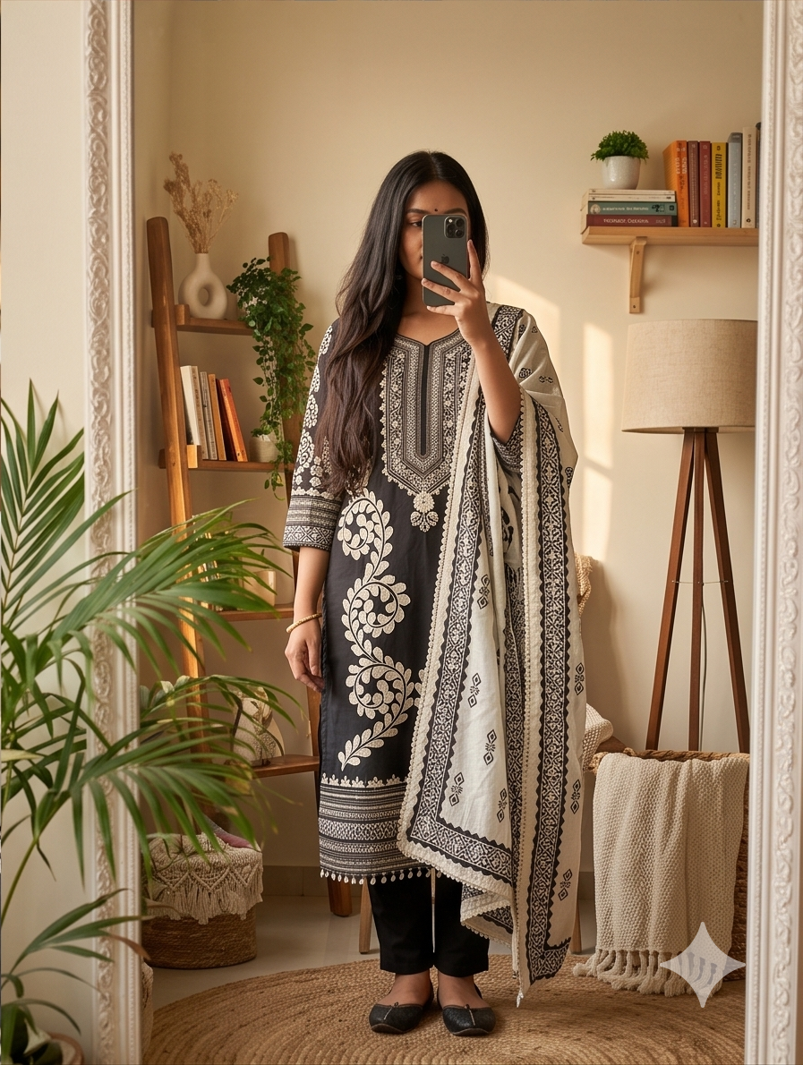 Women's Silk Blend Special NecklineKurta Pant Dupatta Set | 3-Piece Suit Set (Black & Beige) (Copy)