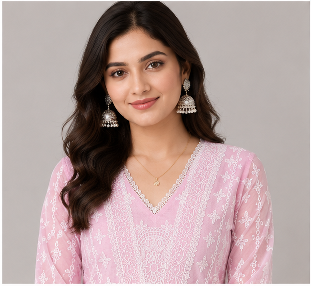 Women's Threadwork Kurta and Trouser Set (Pastel Pink)