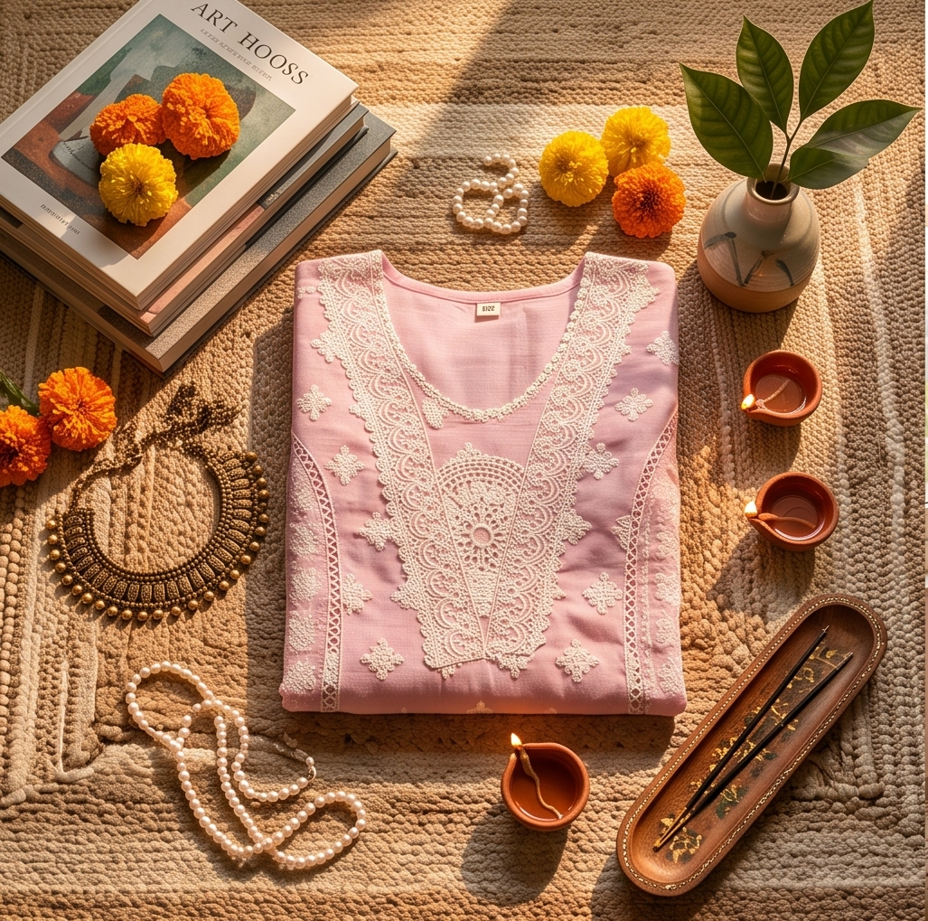Women's Threadwork Kurta and Trouser Set (Pastel Pink)