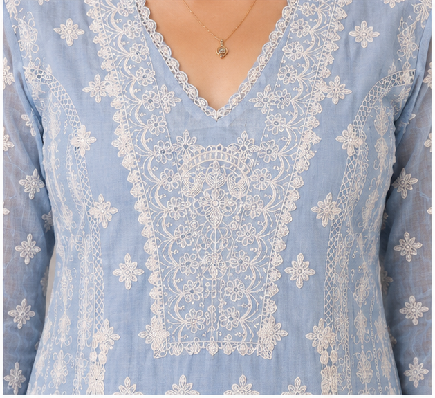 Women's Threadwork Kurta and Trouser Set (Pastel Blue)