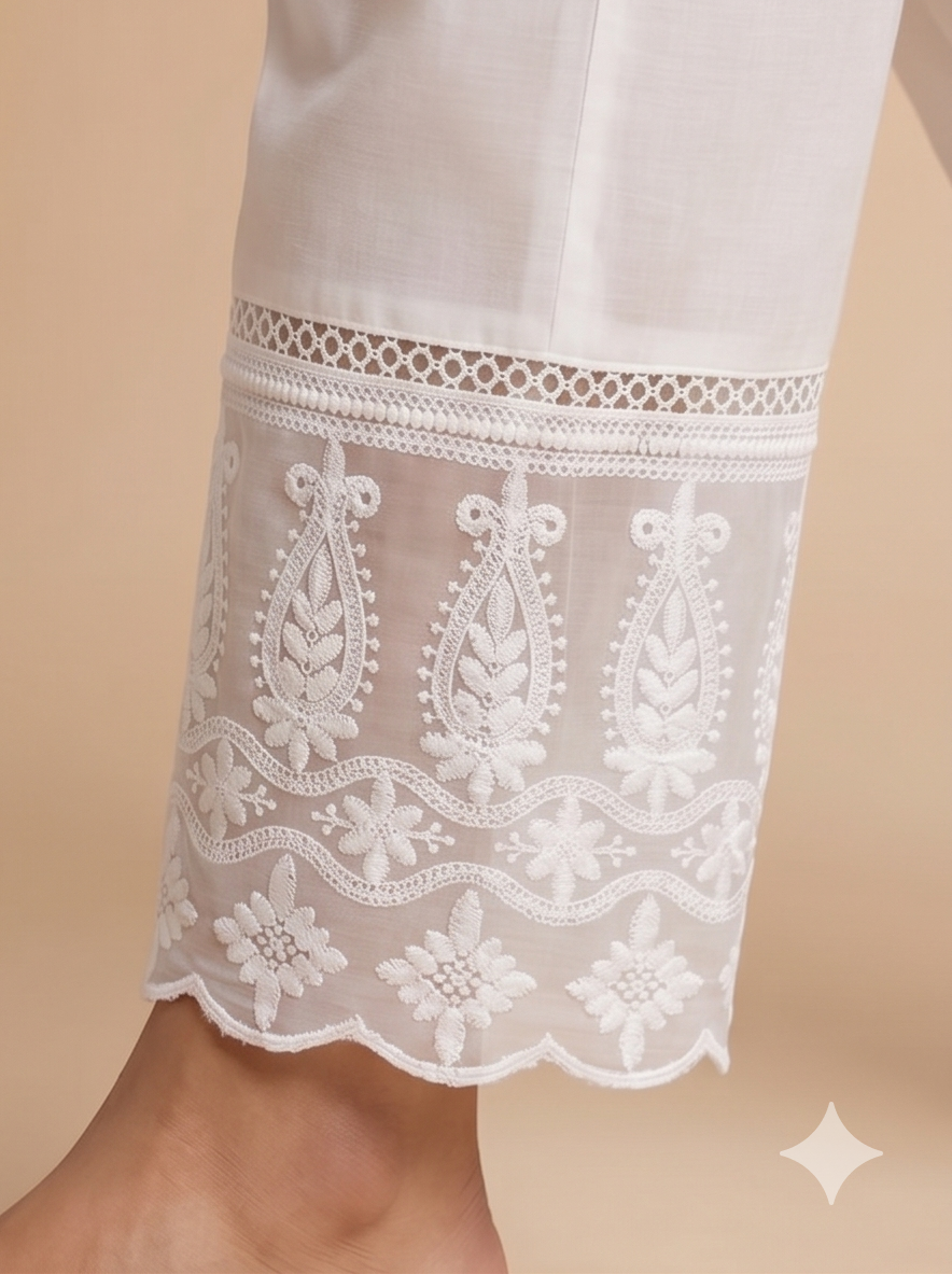 Women's Threadwork Kurta and Trouser Set (White)