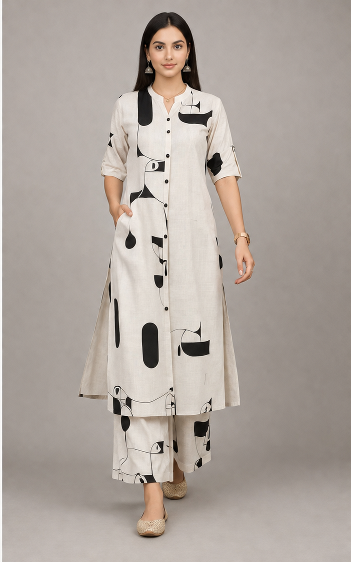 Women Abstract Print Kurta with Pockets and Palazzo , 2 Piece Set (Beige and Black)