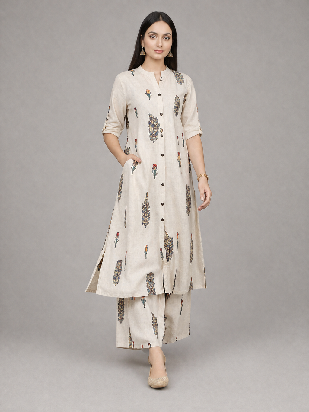 Women Floral Print Kurta with Pockets and Palazzo , 2 Piece Set (Beige and Orange)