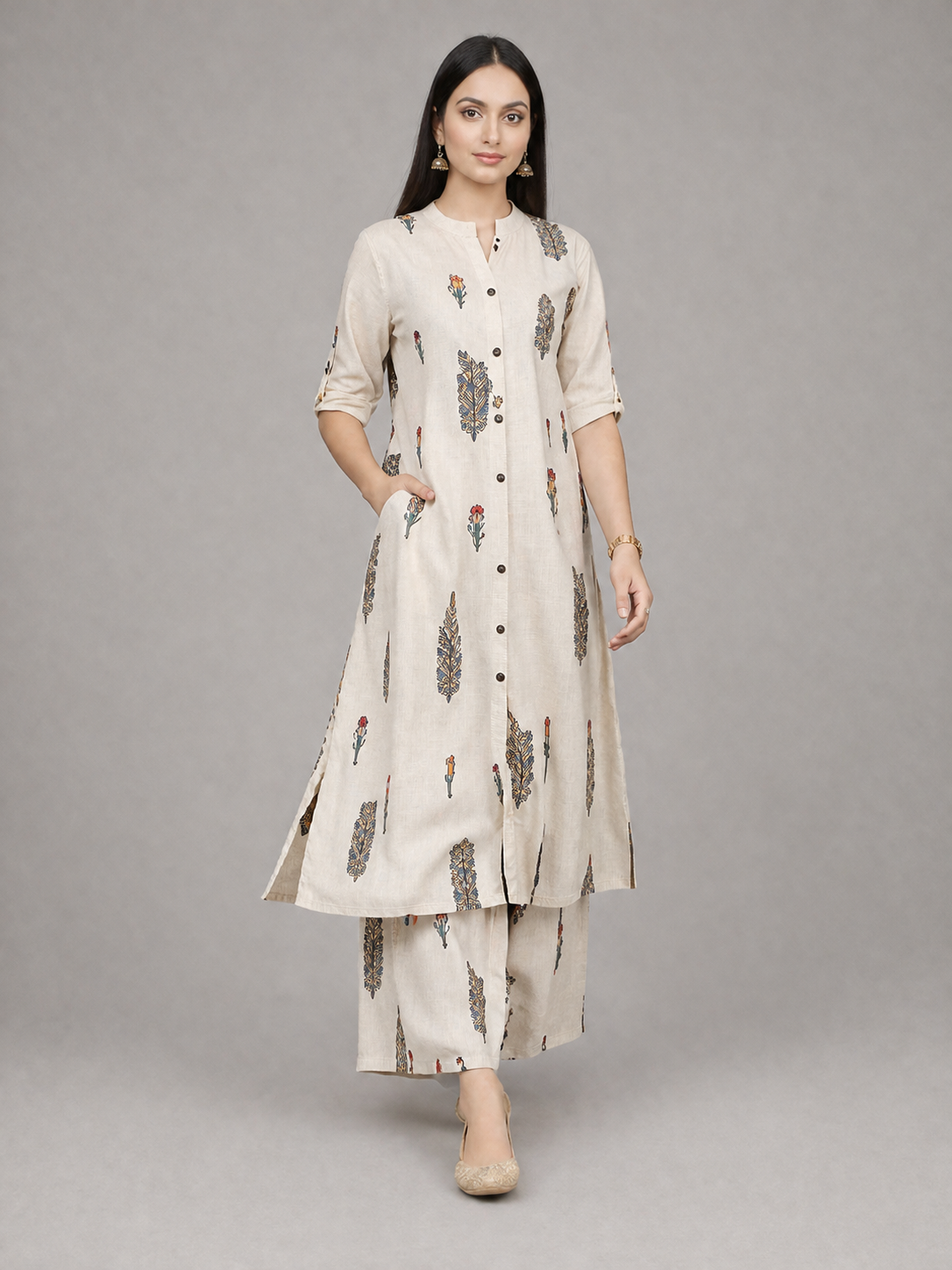 Women Floral Print Kurta with Pockets and Palazzo , 2 Piece Set (Beige and Orange)