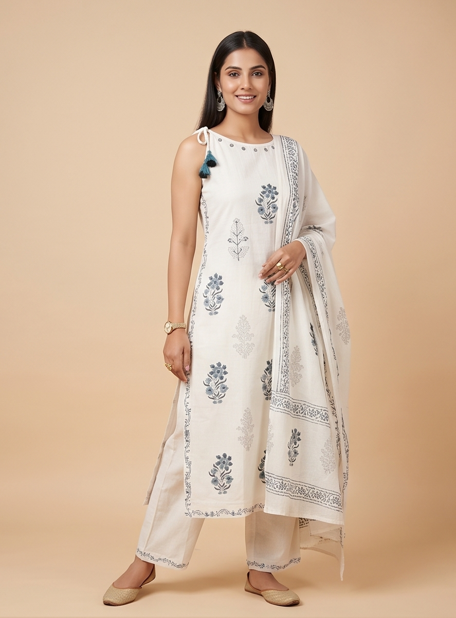 Strap Shoulder Kurta with Palazzo and Dupatta, 3-Piece Set (Off White)