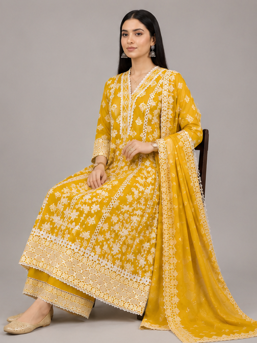 Mustard  Yellow Threadwork Anarkali Suit Set with Dupatta | Embroidered Mul Cotton Ethnic Wear (Copy)