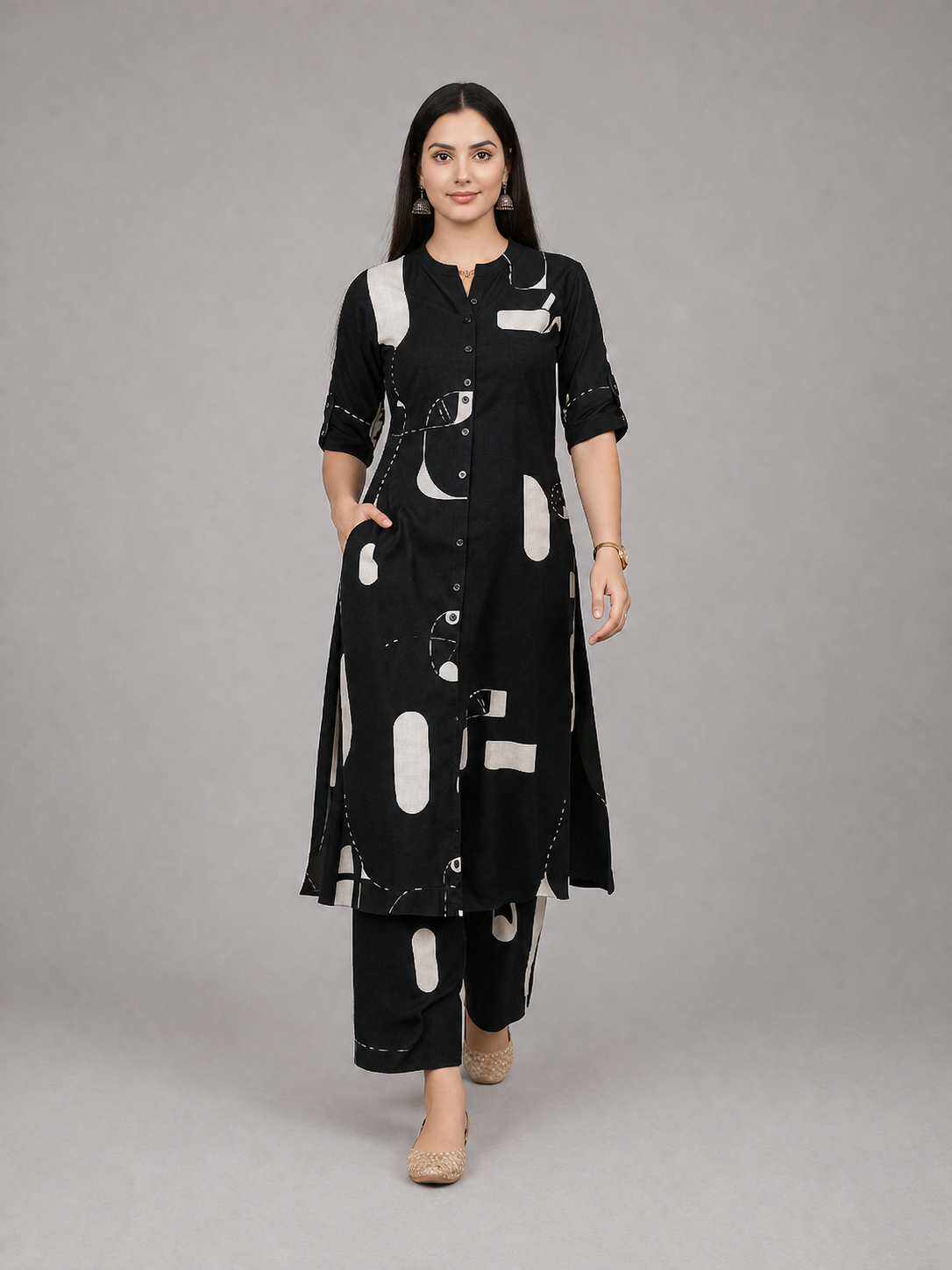 Women Abstract Print Kurta with Pockets and Palazzo , 2 Piece Set (Black and Silver)