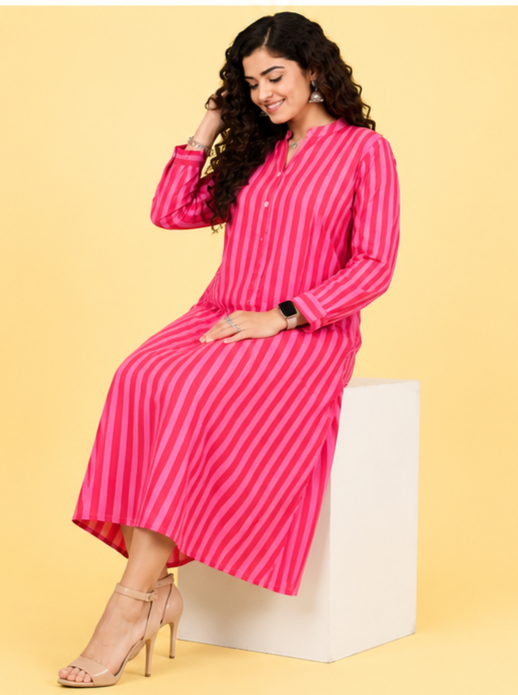Pink striped cotton A-line Midi Dress featuring front pockets, 3/4 sleeves, and a comfortable fit—perfect for office, travel, and everyday wear