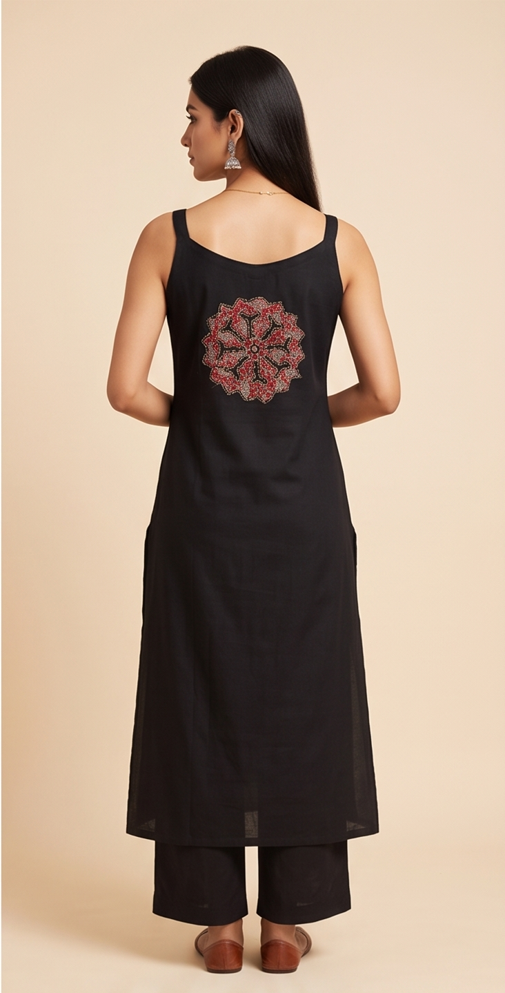 Women's Strap Shoulder Kurta with Palazzo and Dupatta, 3 Piece Set (Black)