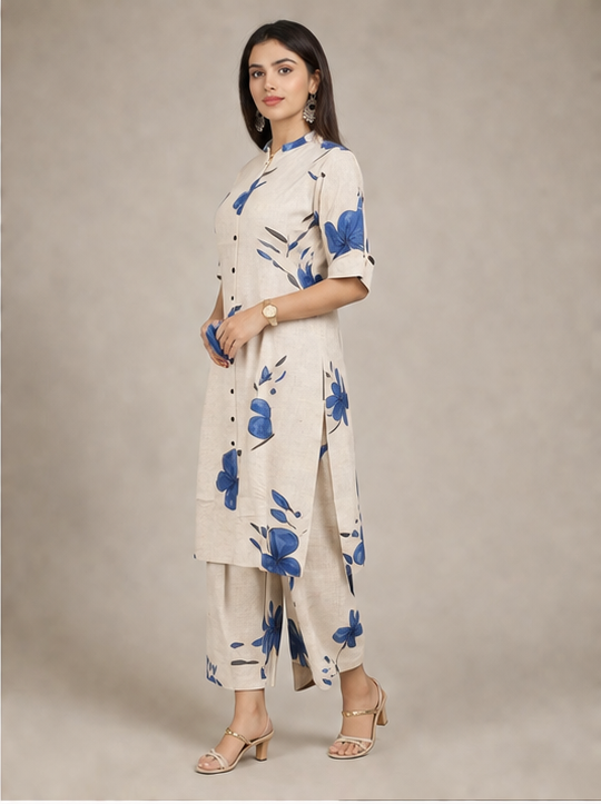 Women Floral Print Kurta with Pockets and Palazzo , 2 Piece Set (Beige and Blue)