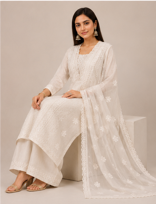 Ivory Floral Embroidered Cotton Kurta Set with Lace Dupatta & Palazzo