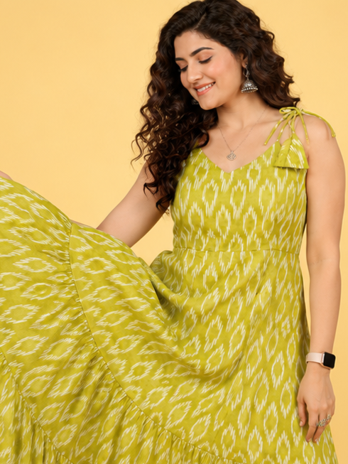 Women's Lime Green Ikat Print Cotton Maxi Dress | Sleeveless Tiered Dress