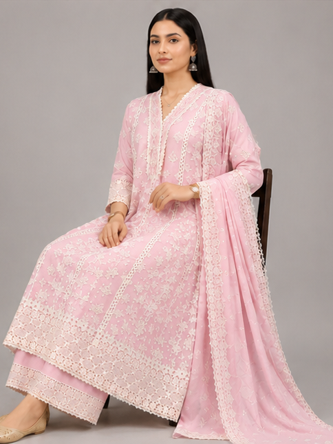 Blush Pink Threadwork Anarkali Suit Set with Dupatta | Embroidered Mul Cotton Ethnic Wear