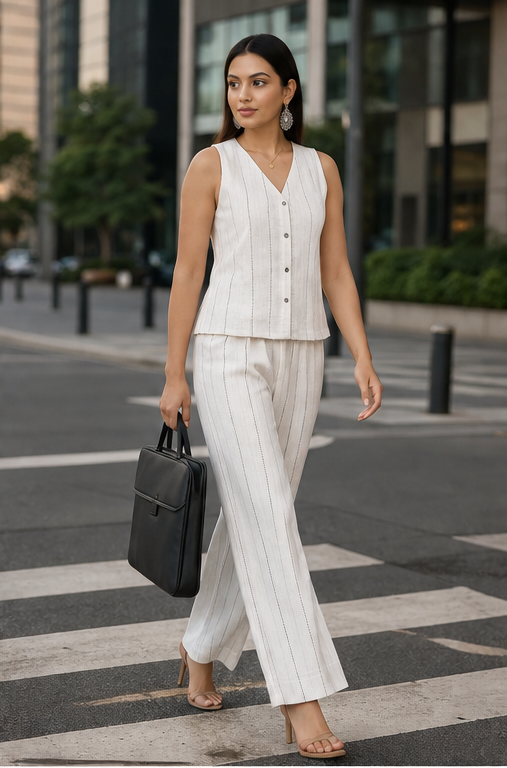 Striped Waist Coat Trouser Off White Set