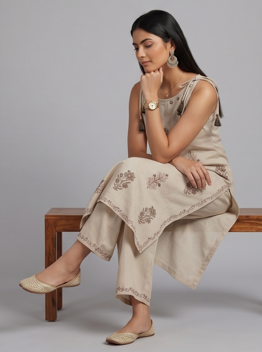Strap Shoulder Kurta with Palazzo and Dupatta, 3-Piece Set (Beige)