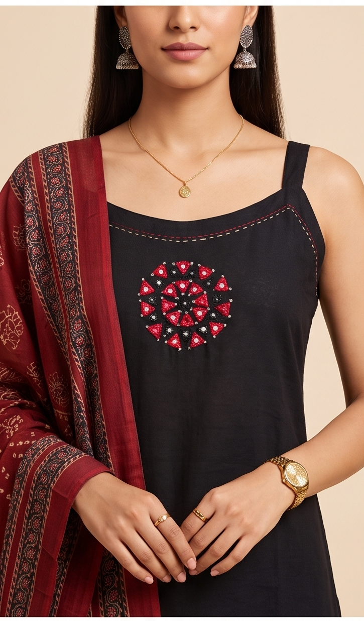 Women's Strap Shoulder Kurta with Palazzo and Dupatta, 3 Piece Set (Black)