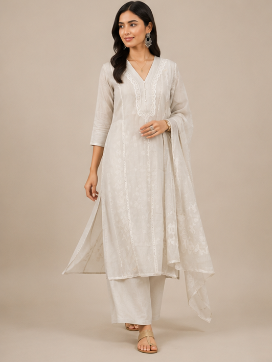 The Classic Ivory V-Neck Kurta and Palazzo Set