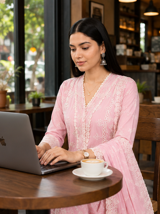 Blush Pink Threadwork Anarkali Suit Set with Dupatta | Embroidered Mul Cotton Ethnic Wear