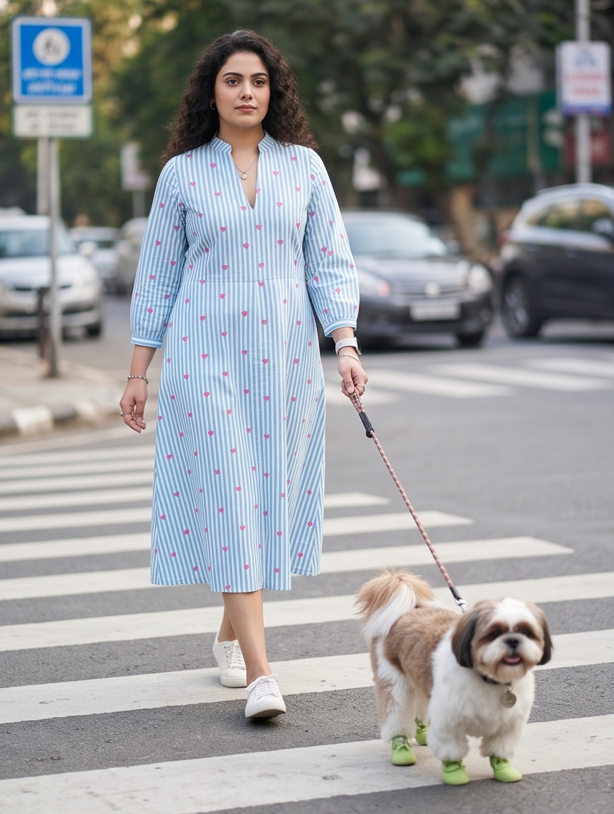 Women's Sky Blue Striped Cotton A-Line Midi Dress with Heart Print | 3/4 Sleeve Casual Dress