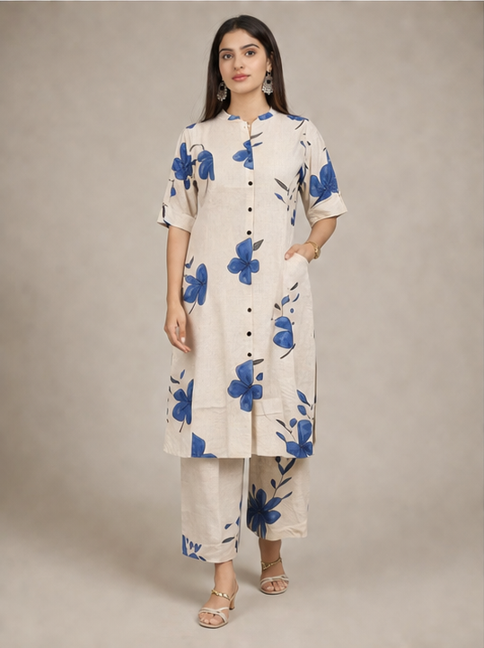 Women Floral Print Kurta with Pockets and Palazzo , 2 Piece Set (Beige and Blue)