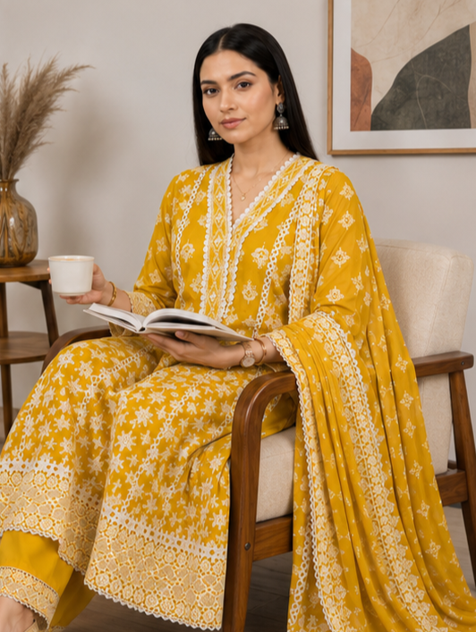Mustard  Yellow Threadwork Anarkali Suit Set with Dupatta | Embroidered Mul Cotton Ethnic Wear (Copy)