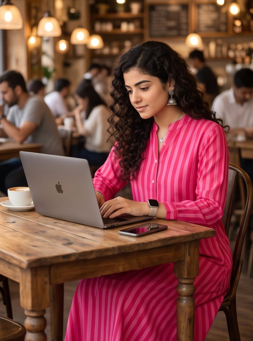 Pink striped cotton A-line Midi Dress featuring front pockets, 3/4 sleeves, and a comfortable fit—perfect for office, travel, and everyday wear
