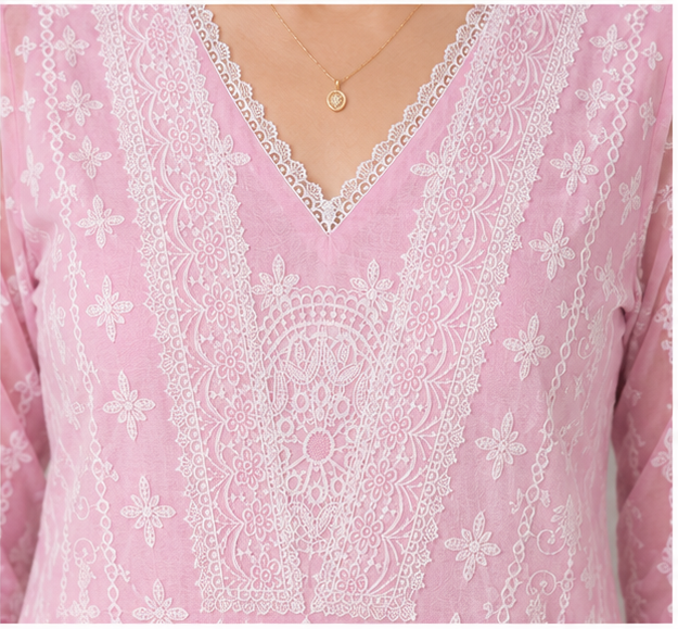 Women's Threadwork Kurta and Trouser Set (Pastel Pink)